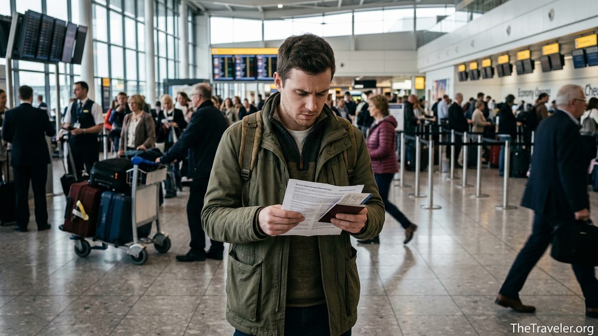Concerned traveller reading travel insurance documents at a busy airport check-in area.