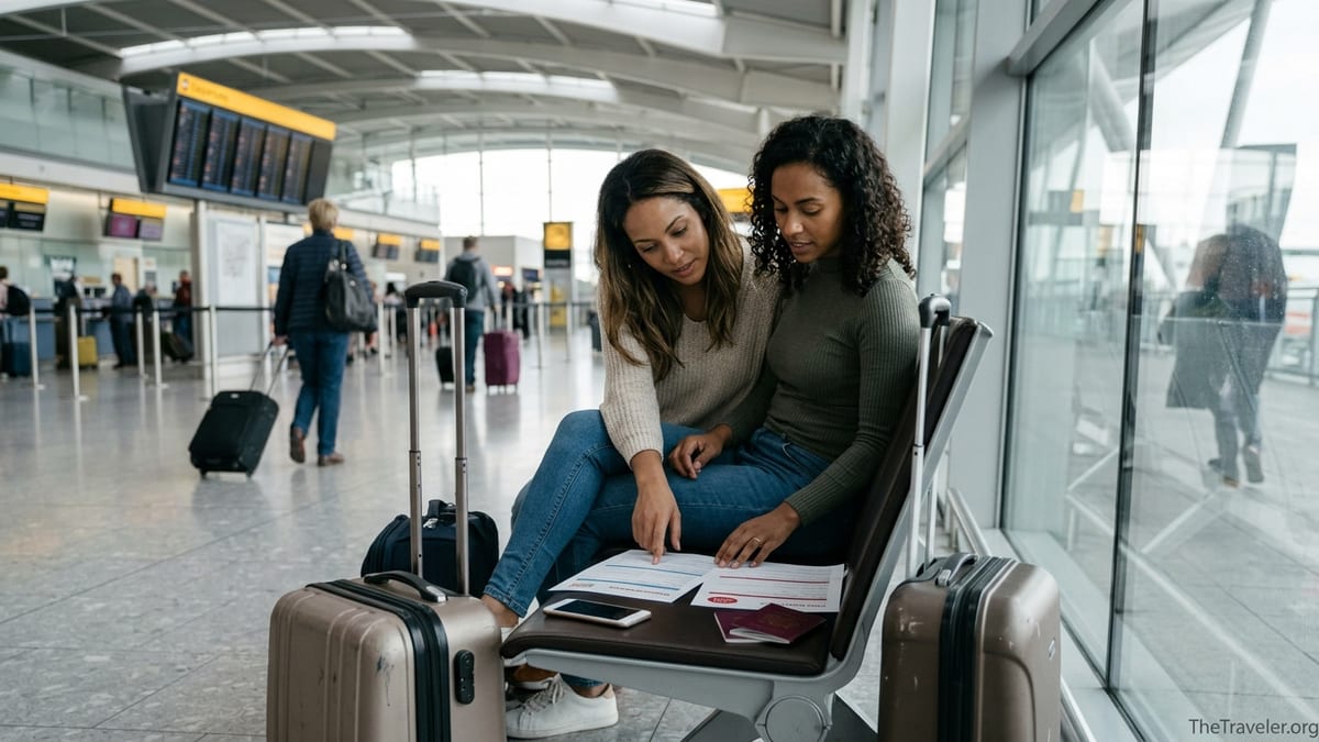Couple at a UK airport bench comparing printed travel insurance documents before flying.