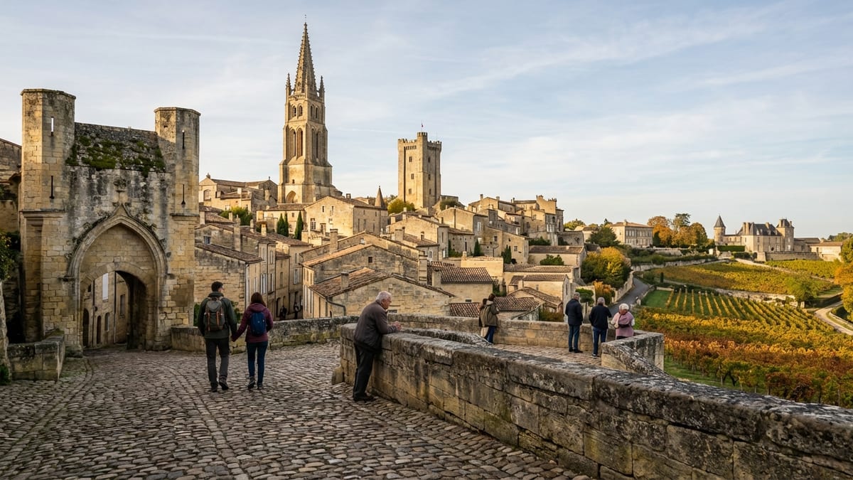 Late afternoon view of Saint-Émilion's medieval town and surrounding vineyards. 