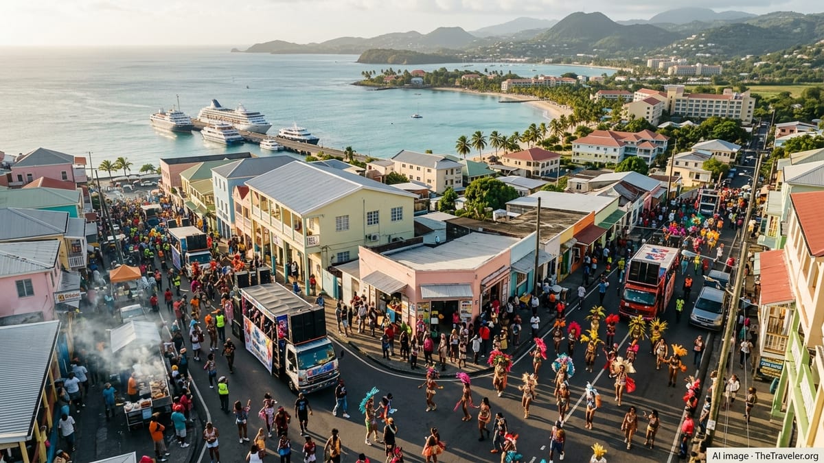 Aerial view of Saint Lucia carnival crowds in Castries with Gros Islet’s beaches and resorts along the coast.