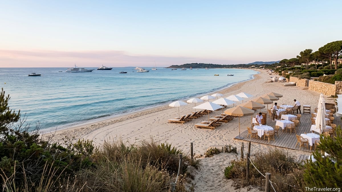 Early morning view of Pampelonne Beach near Saint-Tropez with sun loungers, parasols and yachts offshore.
