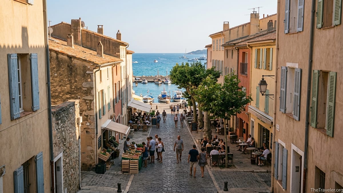 Late afternoon street in Saint-Tropez old town with cobbles, pastel houses and a glimpse of the harbor.