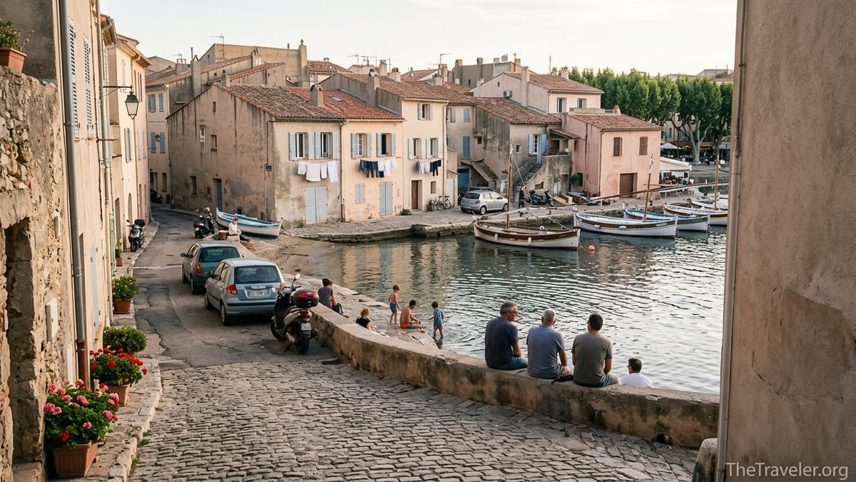 Quiet street in Saint-Tropez leading to La Ponche cove with locals by the water at sunset