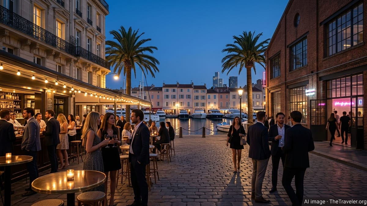 Lively waterfront bar at dusk with yachts, palm trees and warehouse clubs glowing in the background.