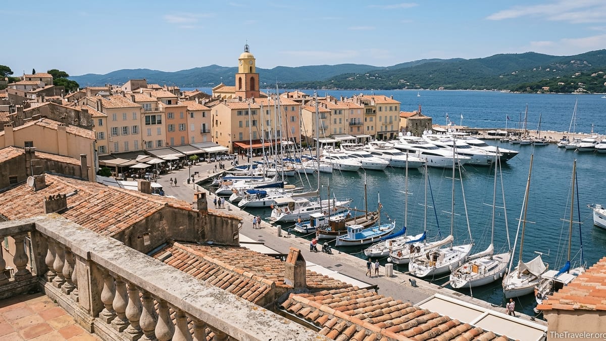 View over Saint-Tropez harbor with terracotta rooftops, pastel houses and yachts on a sunny afternoon.