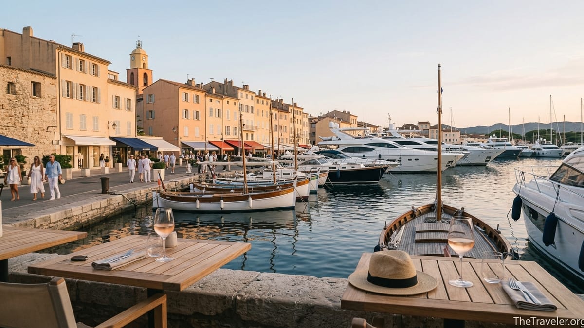 View over Saint-Tropez harbor at golden hour with yachts, pastel houses, and waterfront café tables.