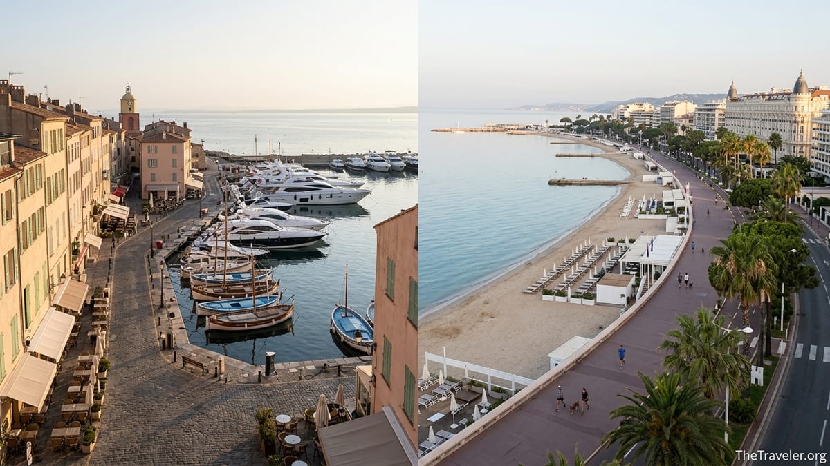 Harbor of Saint-Tropez and seafront of Cannes at sunrise on the French Riviera