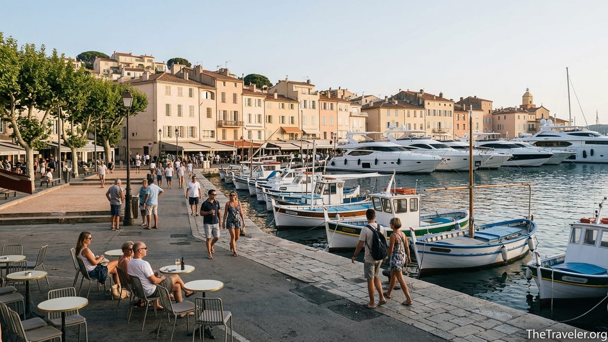 Harbor of Saint-Tropez with yachts, pastel buildings, and café terraces at golden hour.