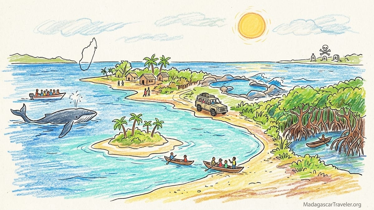 Sunrise over Sainte-Marie’s lagoon with Île aux Nattes and a pirogue in view.
