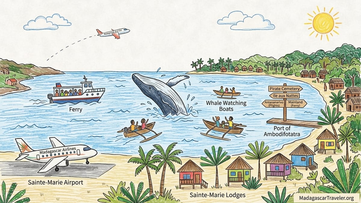 Aerial view of Sainte-Marie’s palm-lined coast with a whale-watching boat beside a breaching humpback whale.