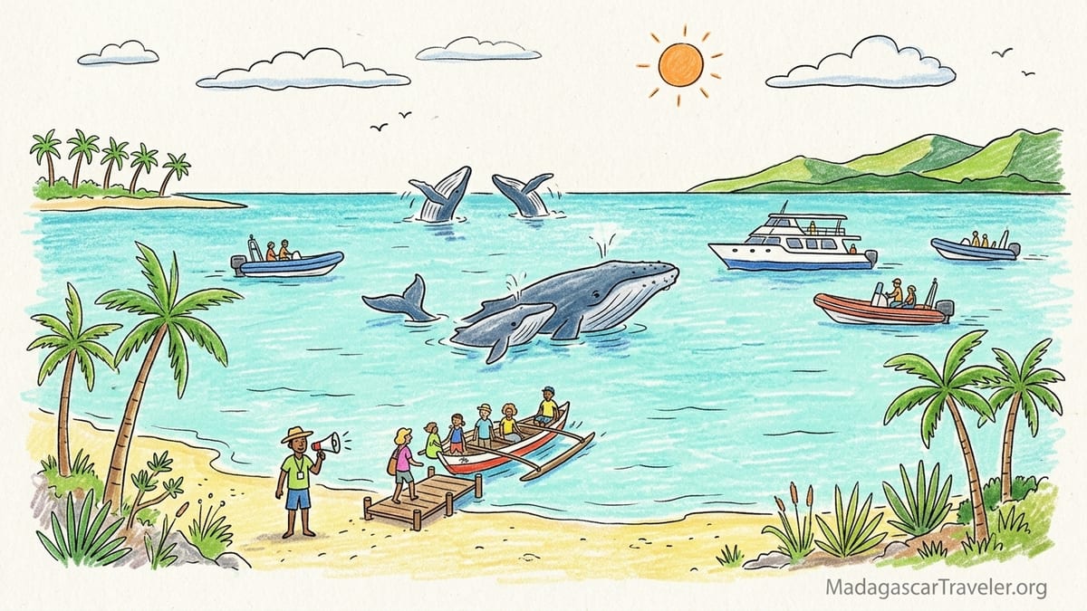 Small boat watching humpback whales off Sainte-Marie Island, Madagascar at sunrise.