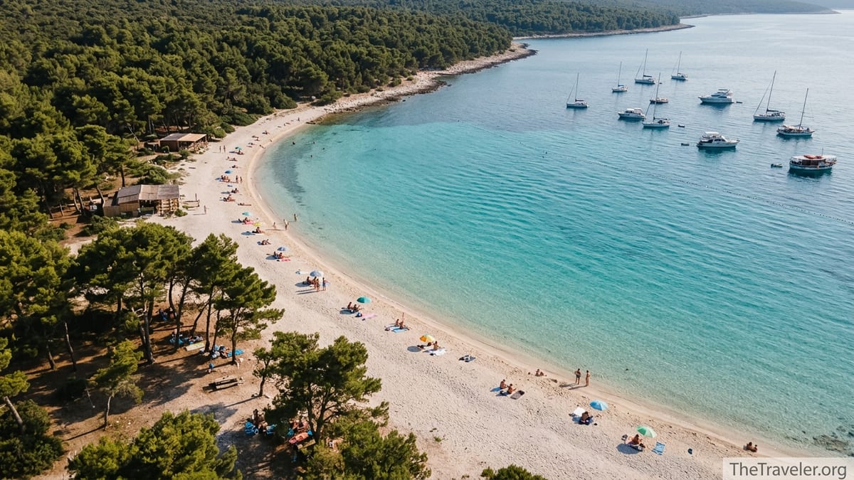 Aerial view of Sakarun Beach on Dugi Otok with shallow turquoise water, pale sand and pine trees.