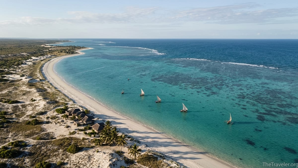Remote white-sand beach and turquoise lagoon at Salary Bay on Madagascar’s southwest coast.