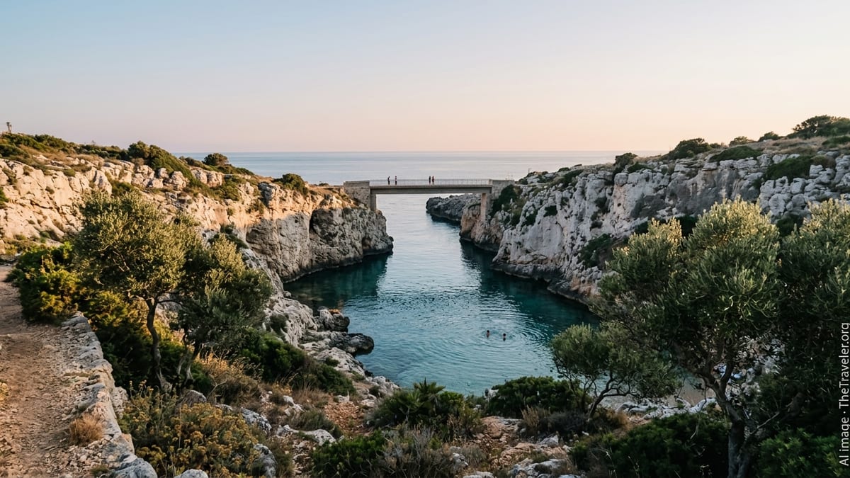 Early morning view of Salento’s rocky Adriatic coast with a turquoise cove and bridge above a narrow inlet.