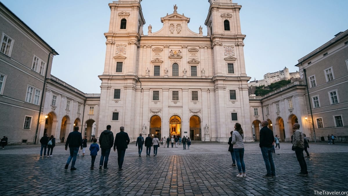 Evening view of Salzburg Cathedral from Domplatz with visitors arriving for a concert.