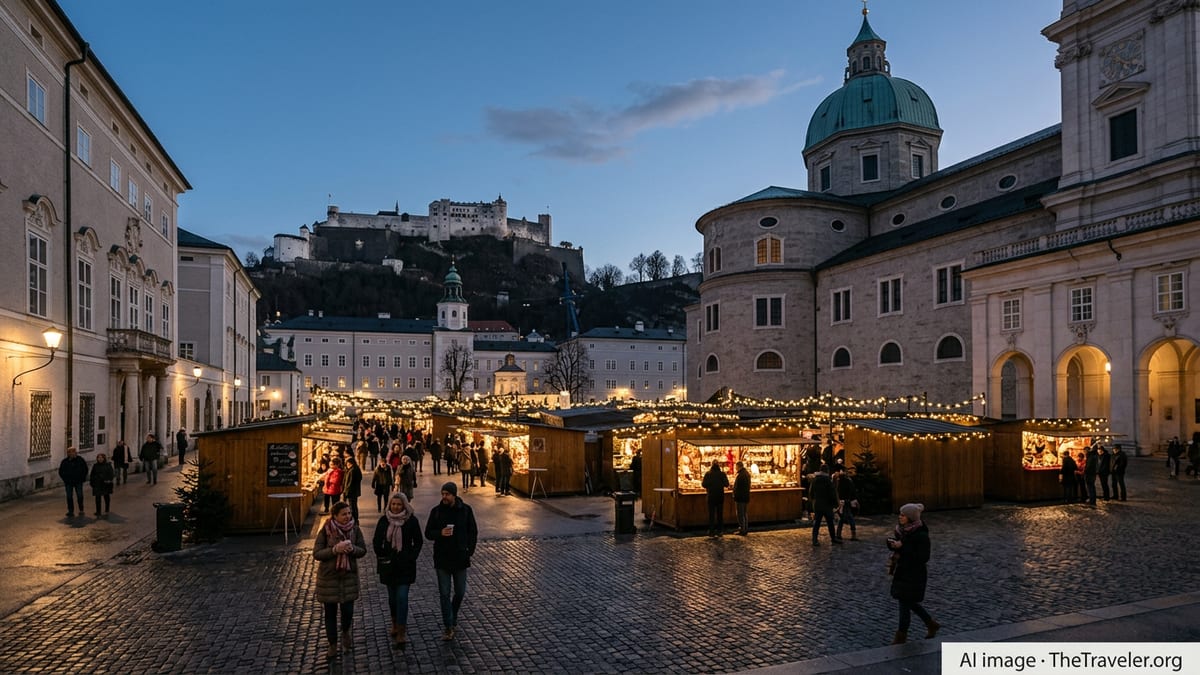 Twilight view of Salzburg’s Domplatz with Salzburg Cathedral and Christmas market stalls glowing in winter.