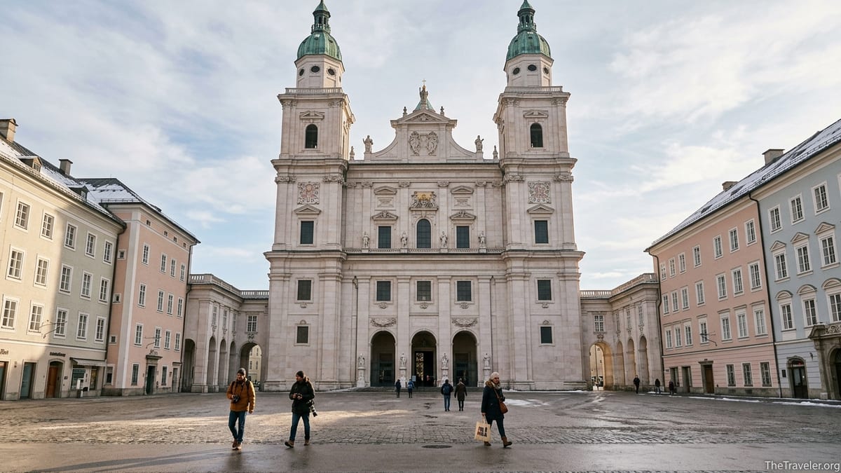 Salzburg Cathedral and Domplatz on a clear morning with visitors crossing the square.