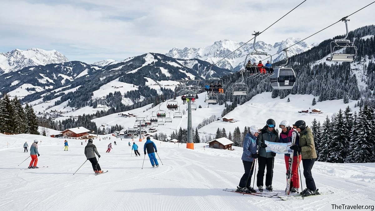 Skiers on a groomed slope in Snow Space Salzburg with lifts and alpine peaks in the background.