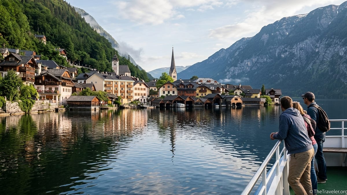 Ferry approaching Hallstatt village on a calm lake with mountains behind on a clear morning.