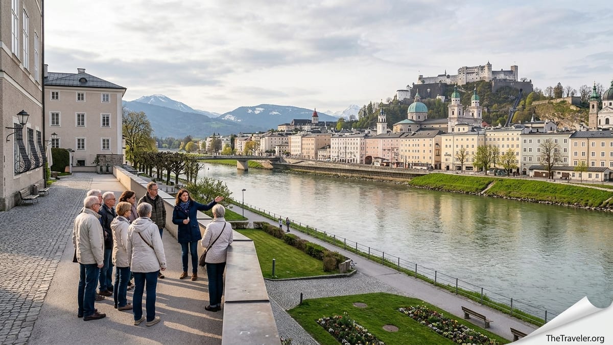 Small tour group with guide in Salzburg Old Town overlooking fortress and river on a sunny morning.