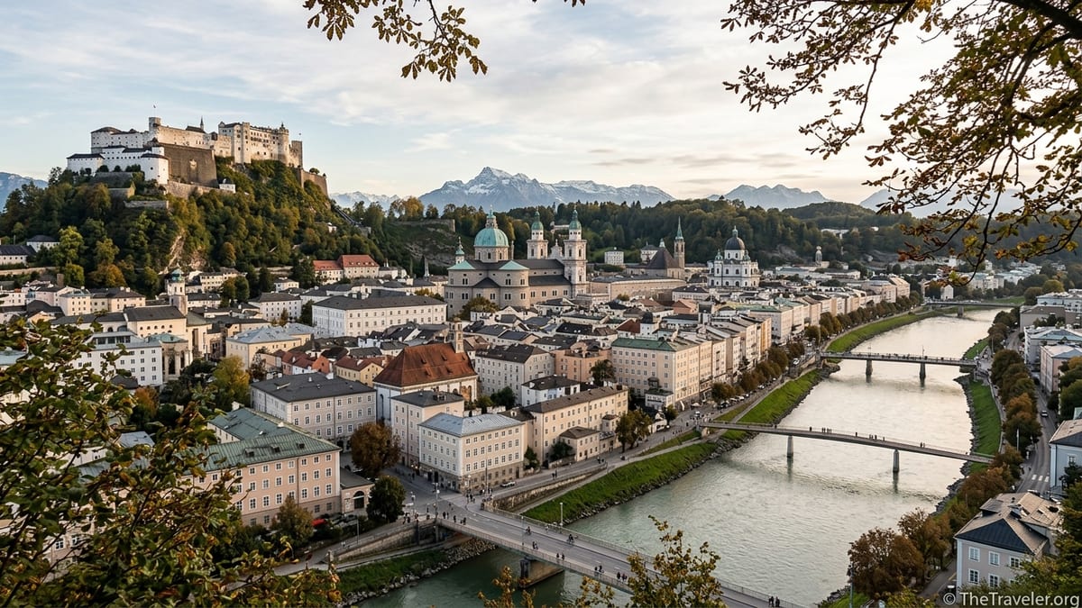 View over Salzburg’s Old Town, Hohensalzburg Fortress, and the Salzach River from Mönchsberg in soft afternoon light.