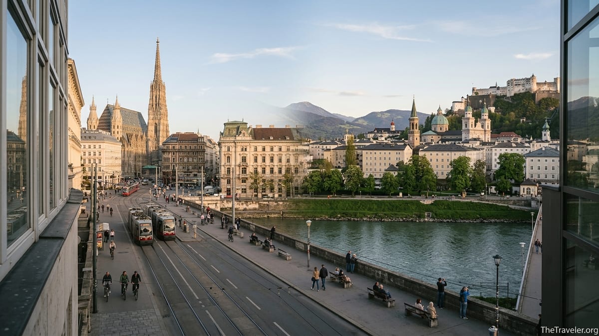 Golden hour view comparing Vienna’s grand boulevards with Salzburg’s riverfront Old Town and fortress above the Alps.