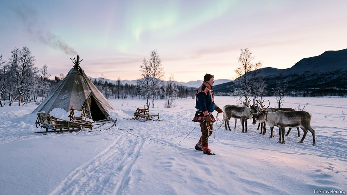Sámi reindeer herder in traditional clothing tending a small herd near a snowy lavvu at dusk in Arctic Scandinavia.