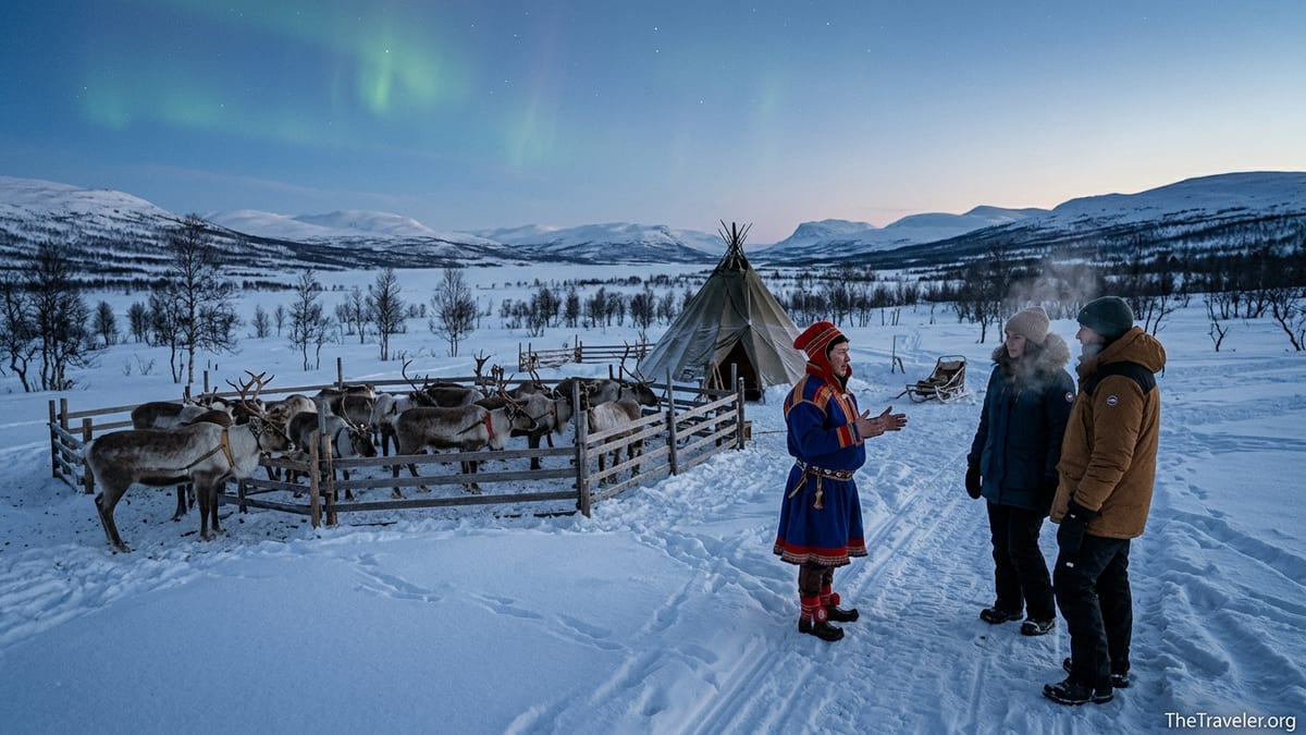 Sámi guide with travelers beside reindeer and a lavvu tent on a snowy Scandinavian tundra at dusk.