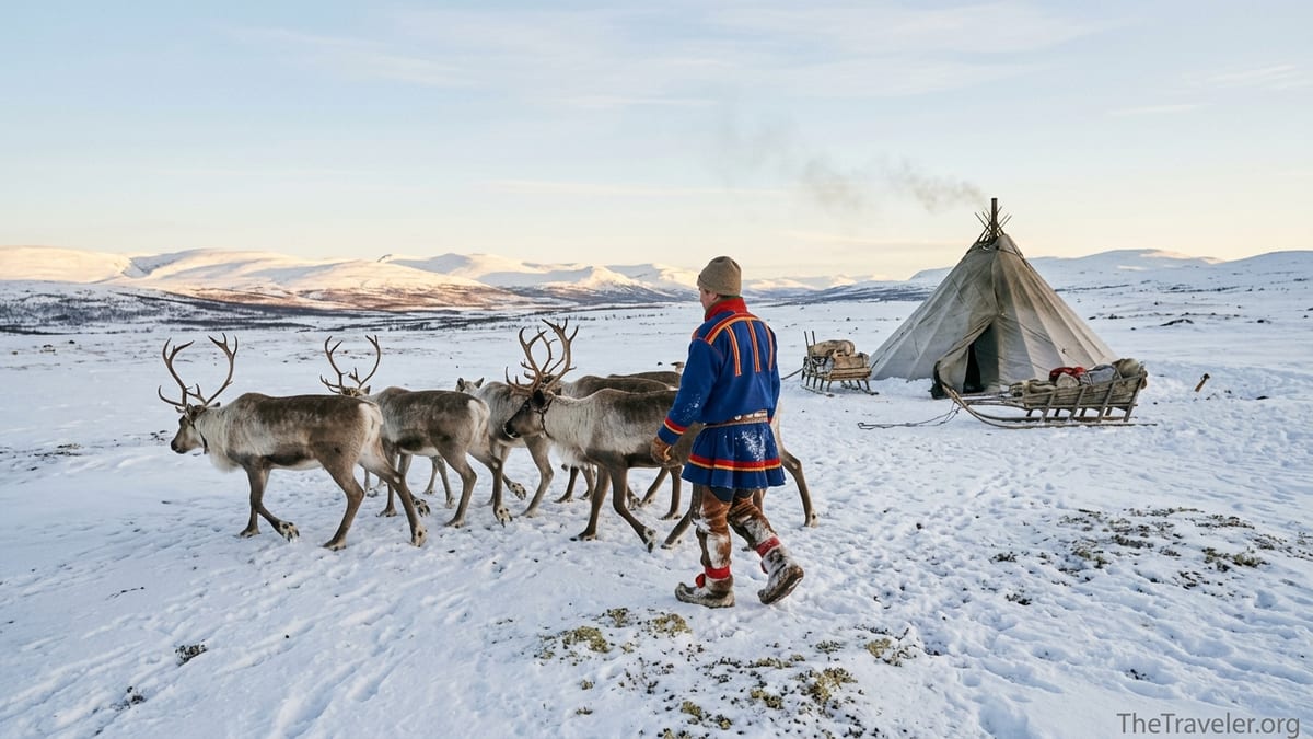 Sámi herder walking beside reindeer on a snowy tundra with a lavvu tent in the background.