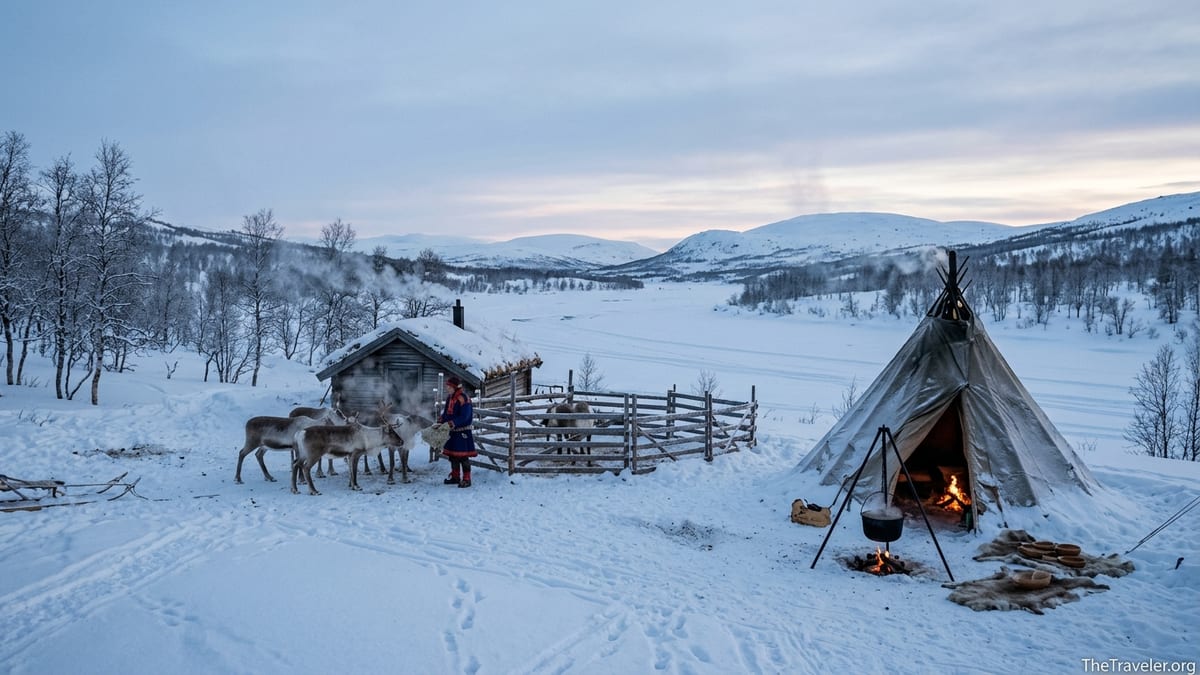 Sámi herder feeding reindeer beside a glowing lavvu tent in a snowy Arctic valley at dusk.