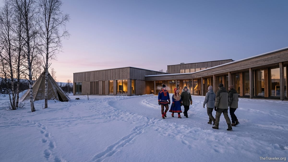 Visitors walk through snow toward a warmly lit Sámi museum at winter dusk in northern Scandinavia.