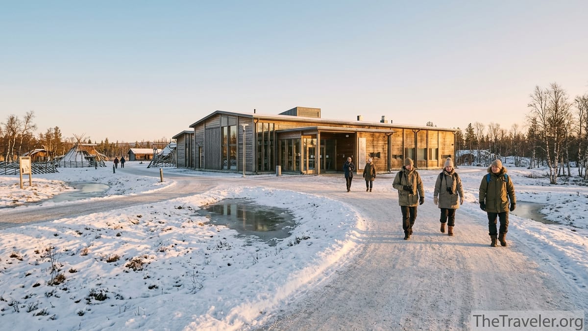 Exterior of Sámi Museum Siida in Inari on a sunny late-winter day with visitors walking toward the entrance.