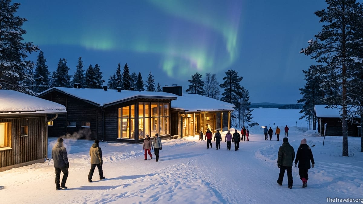 Winter dusk at the Sámi Museum Siida in Inari, Finland, with glowing windows and visitors walking through snow.