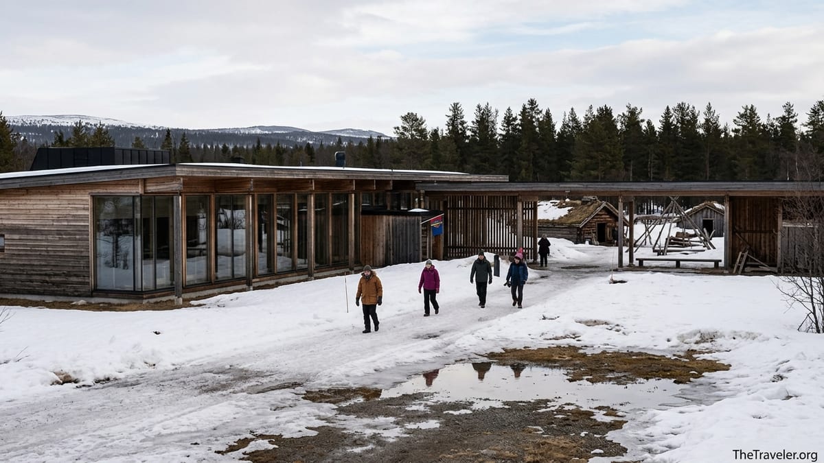 Exterior of Siida Sámi Museum and open-air exhibits in snowy Inari landscape.