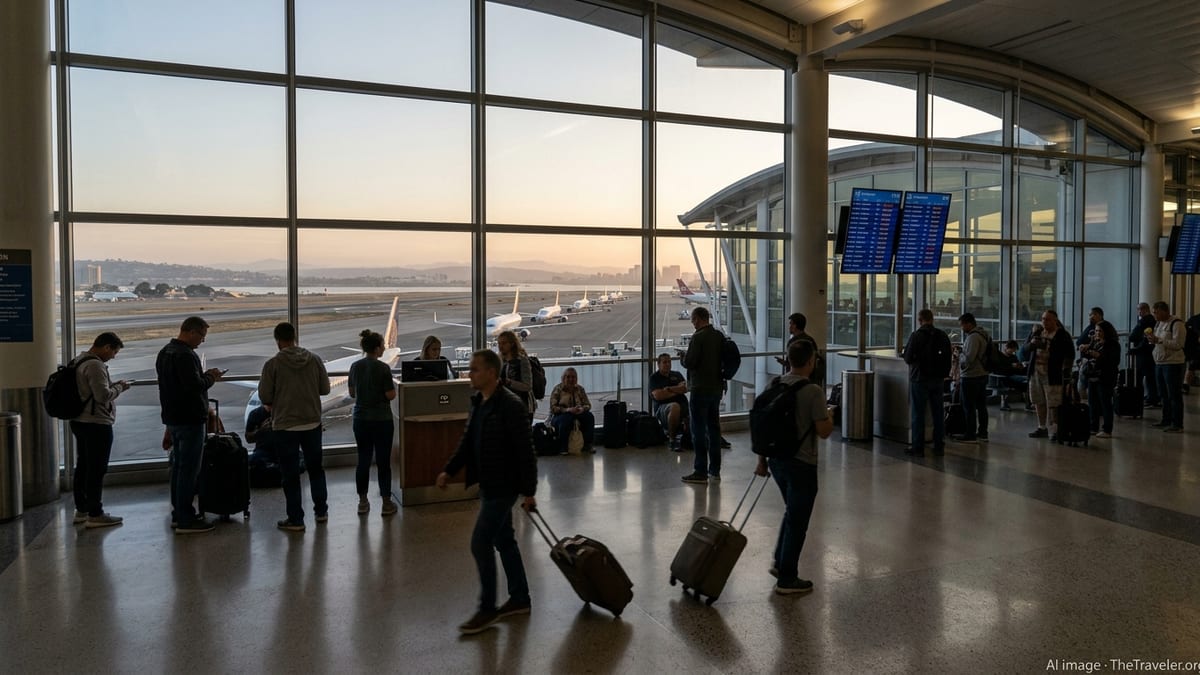 Passengers wait inside San Diego International Airport as delayed flights back up on the runway.