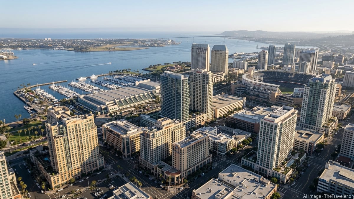 Aerial view of downtown San Diego hotels clustered along the bayfront on a clear afternoon.