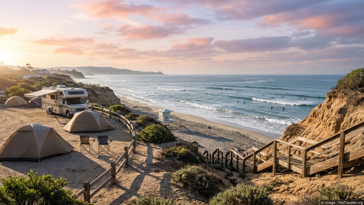 Blufftop campsite at San Elijo State Beach overlooking surfers and the Pacific Ocean at sunrise.