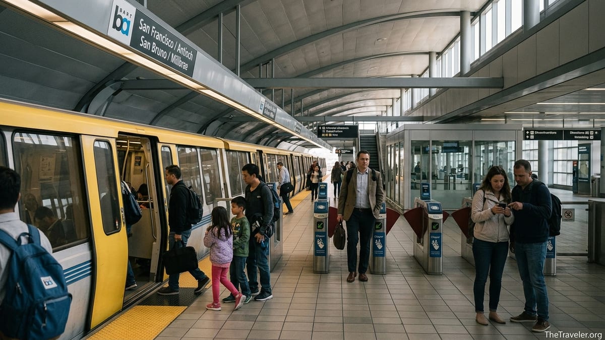 Travelers with luggage boarding a BART train at the San Francisco airport station.