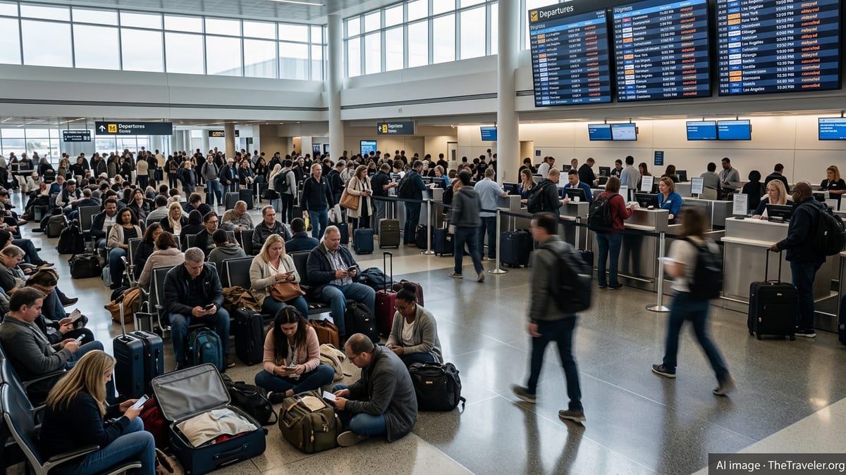 Crowded departures hall at San Francisco International Airport with stranded passengers and delayed flights on overhead board
