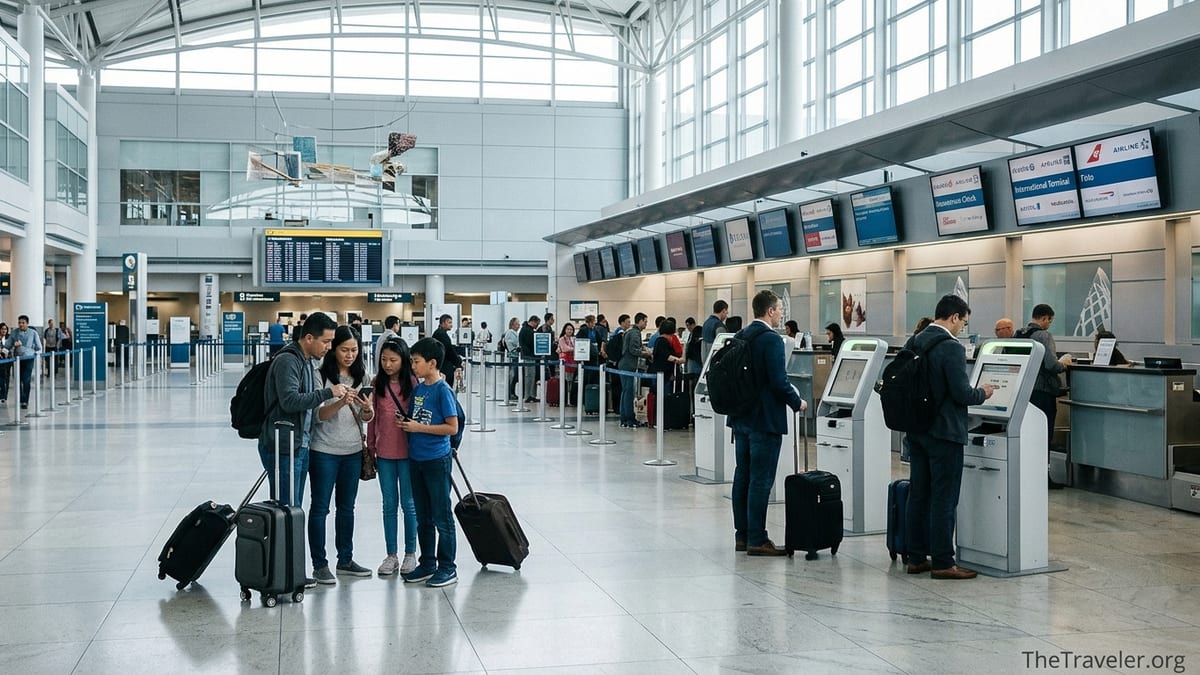 Departing passengers queue at SFO’s International Terminal check in hall under bright glass roof.