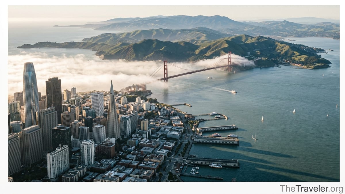 Aerial view of downtown San Francisco and Golden Gate Bridge at golden hour with fog and Marin hills.