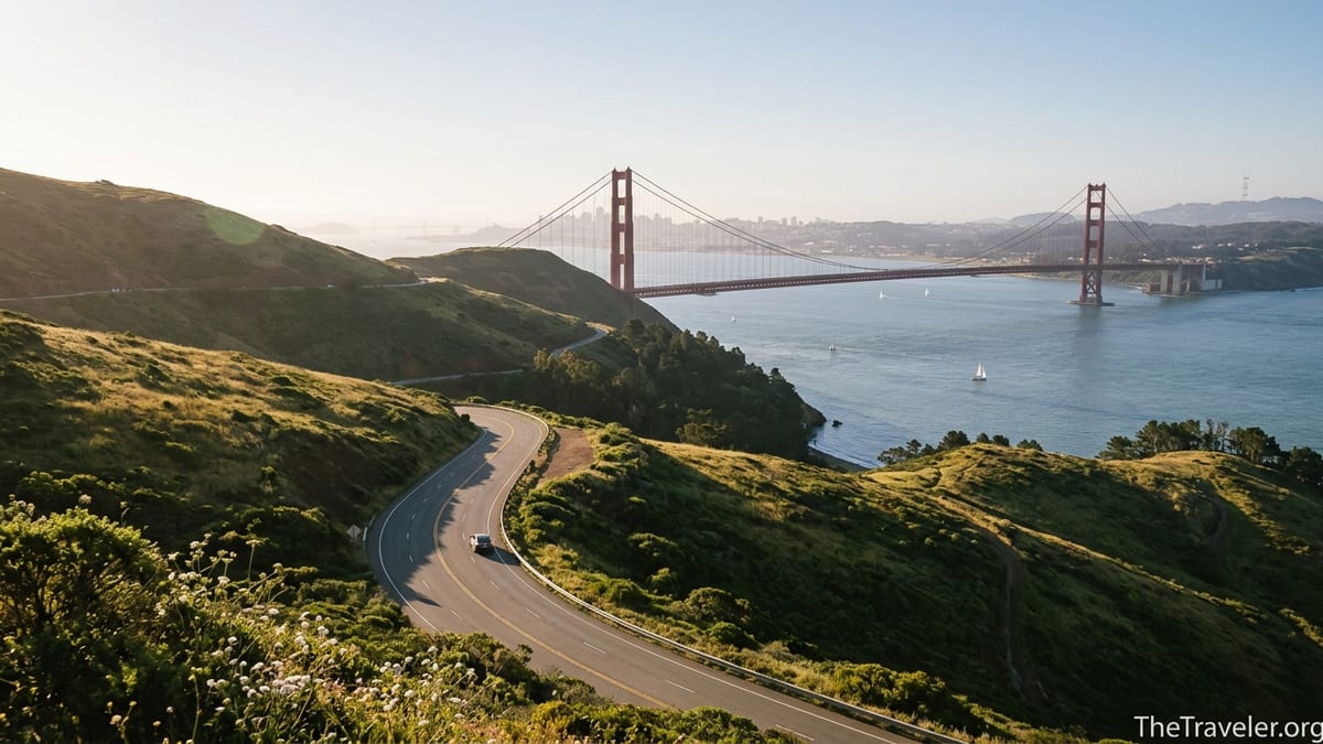 Car driving toward the Golden Gate Bridge from Marin Headlands at golden hour.