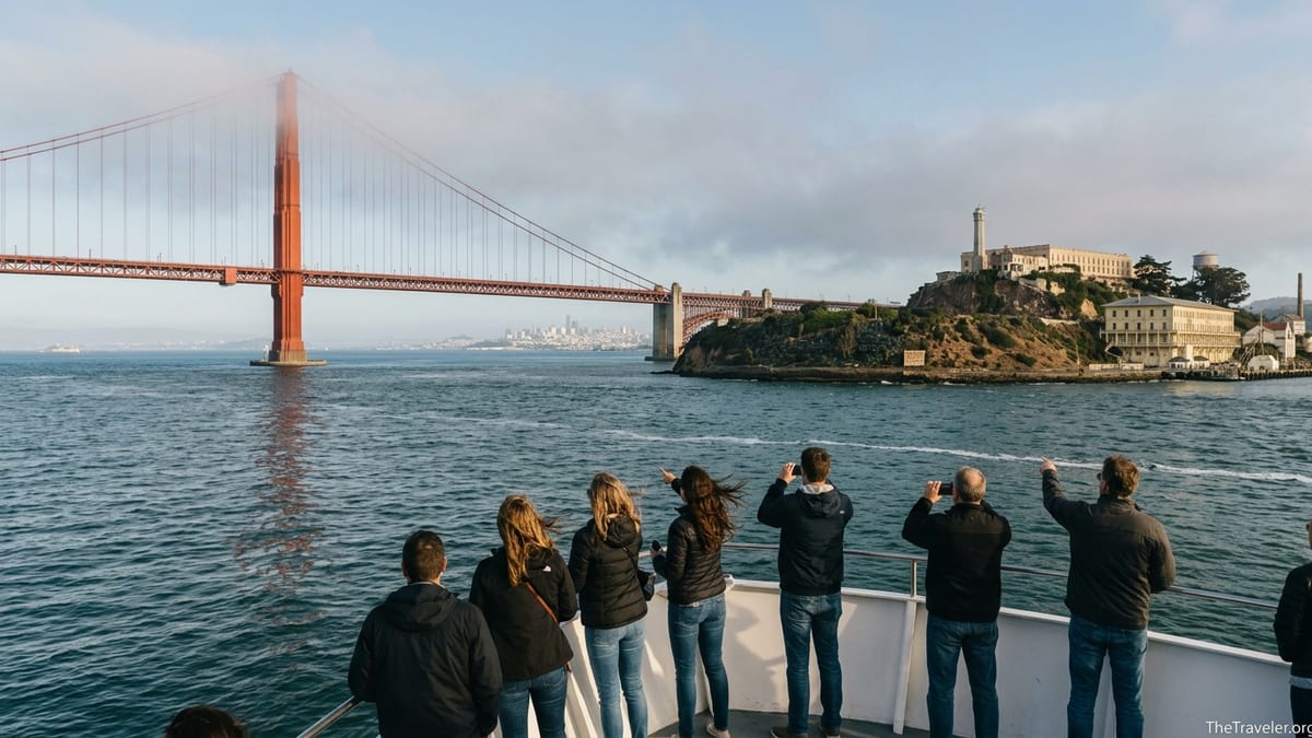 Travelers on a boat cruise view the Golden Gate Bridge and Alcatraz Island in late afternoon light.