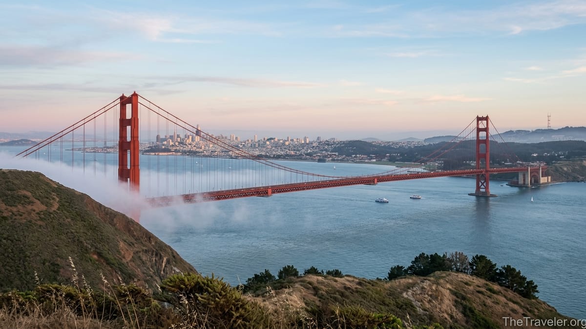 Golden Gate Bridge at golden hour with San Francisco skyline and low fog in the distance.