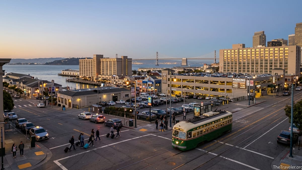 Evening view of San Francisco waterfront hotels, parking garage and Muni streetcar.
