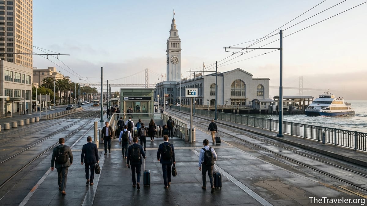 Morning commuters walking between BART, Muni and ferries near San Francisco Ferry Building.
