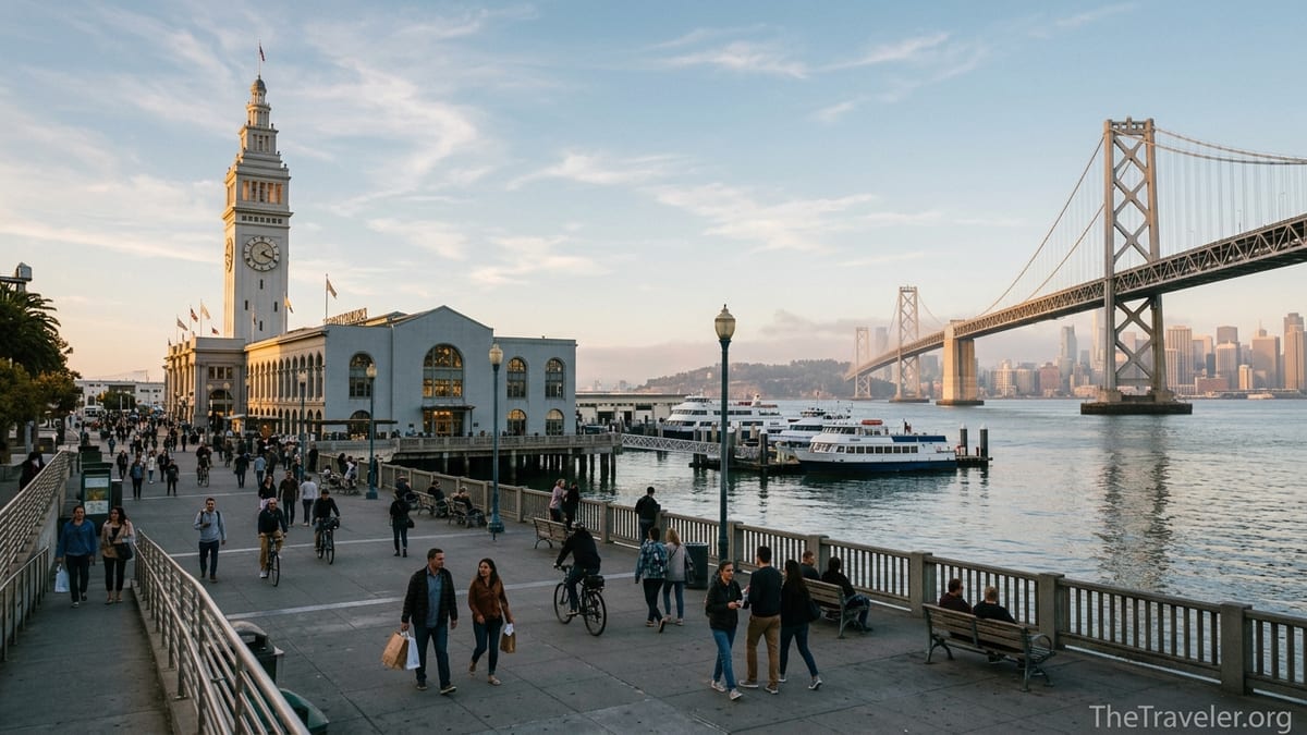 People walking along San Francisco’s Ferry Building waterfront promenade at golden hour.