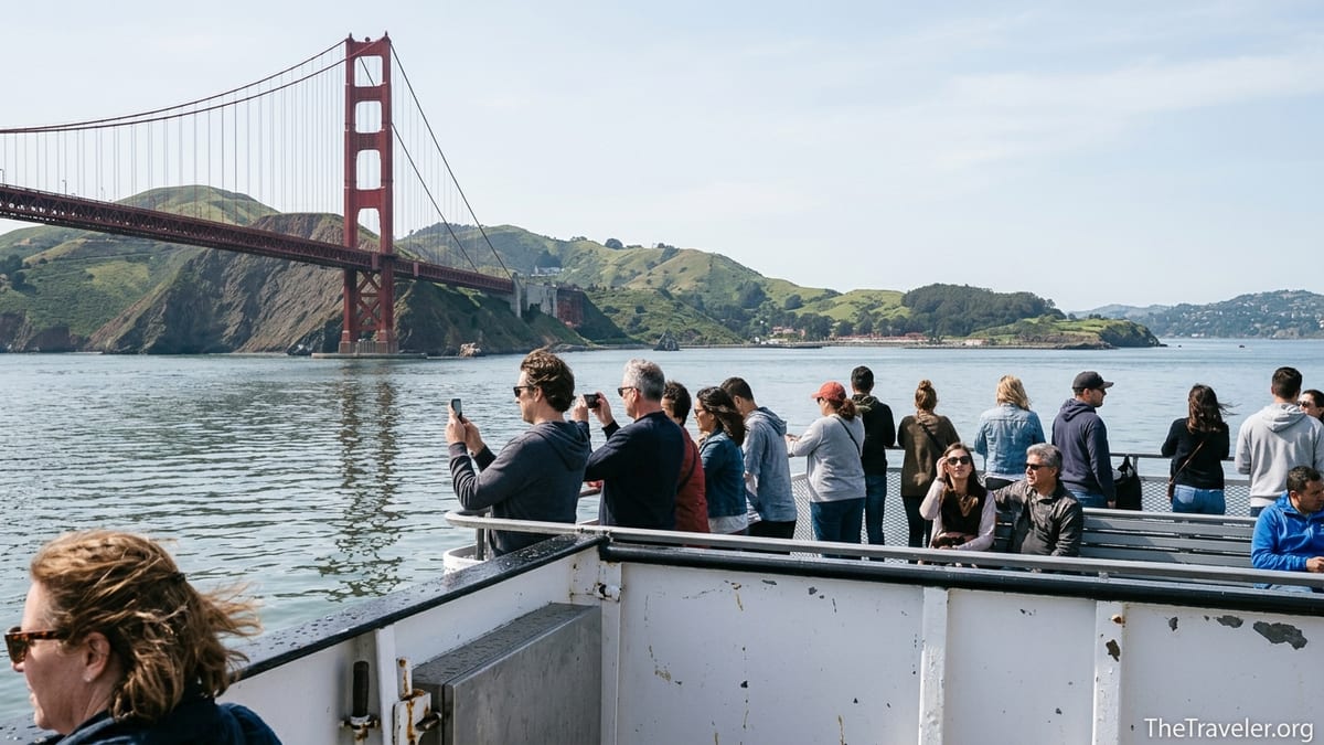 Passengers on a San Francisco ferry heading toward the Golden Gate Bridge and Marin hills on a clear day.