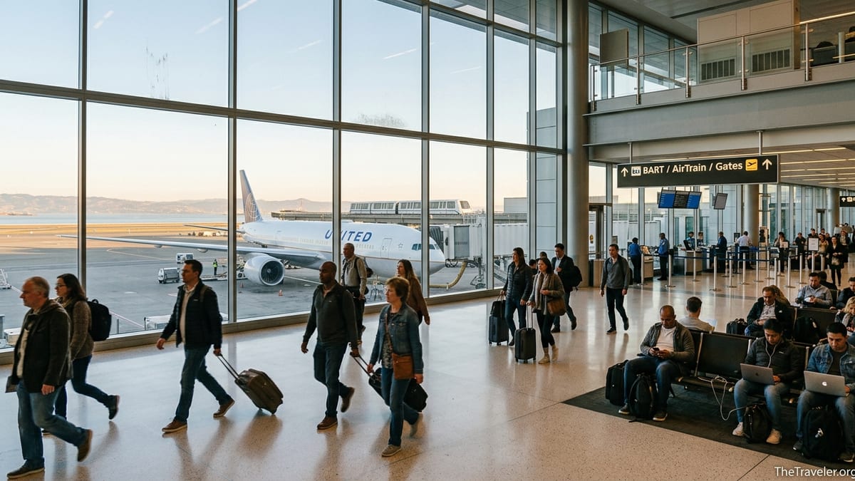Travelers walking through San Francisco International Airport with planes and AirTrain visible outside large windows.