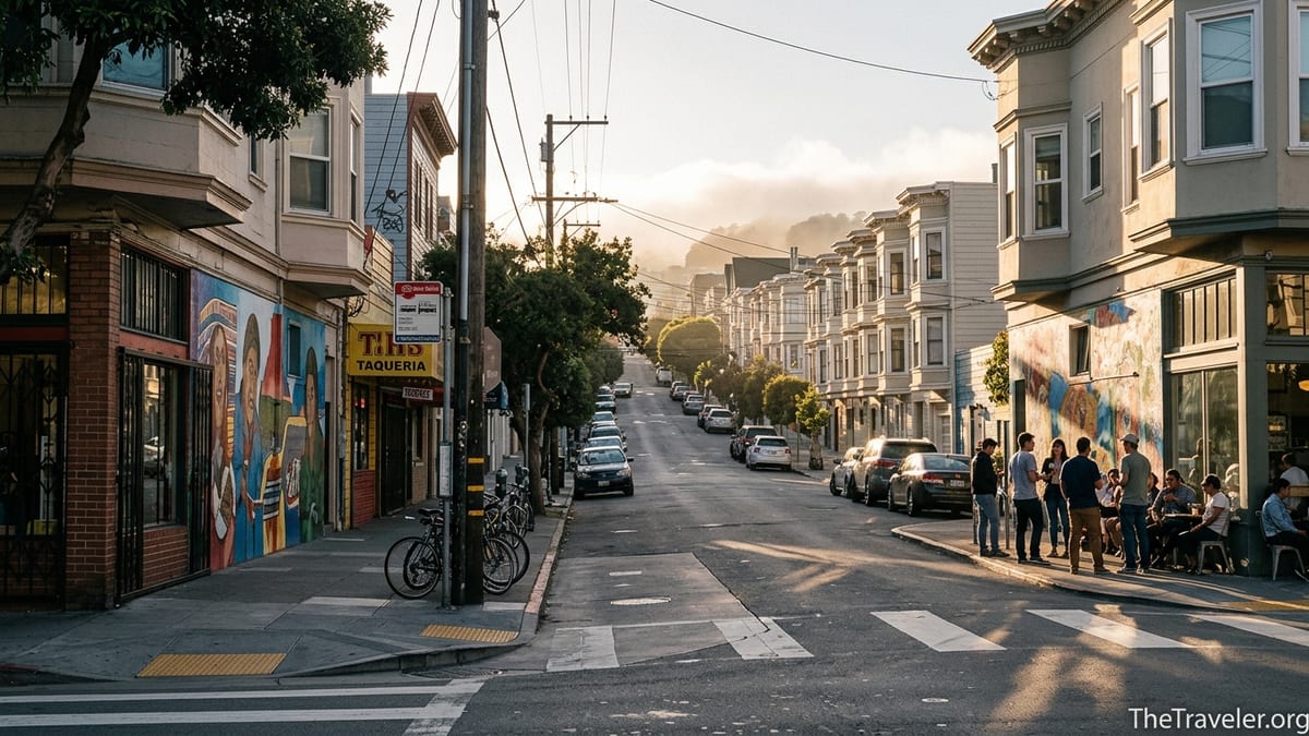 Street scene in San Francisco’s Mission District with murals, cafe, and hillside homes at golden hour.